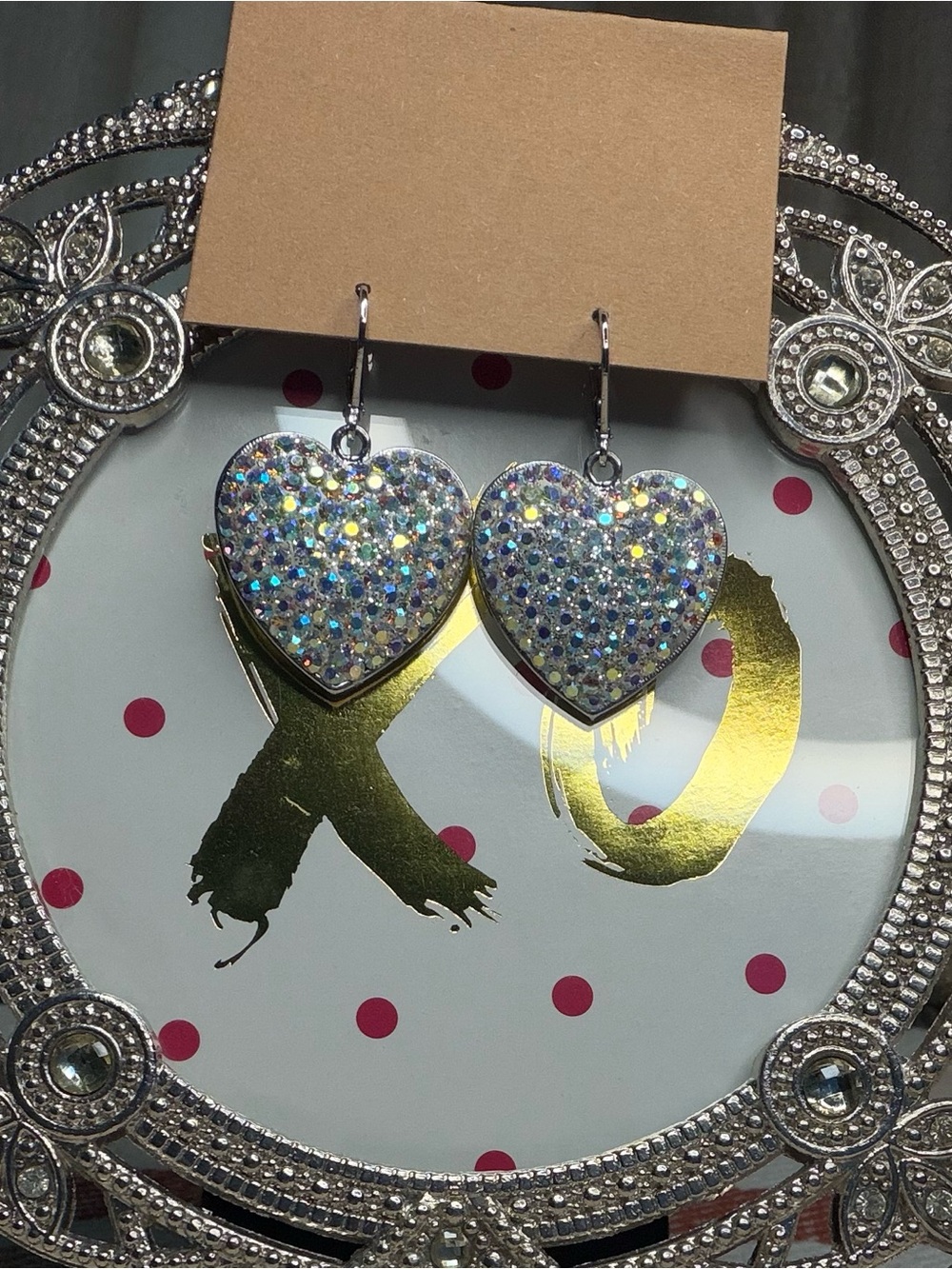 Sparkling AB Rhinestone Puffed Heart Dangle Earrings Silver Tone